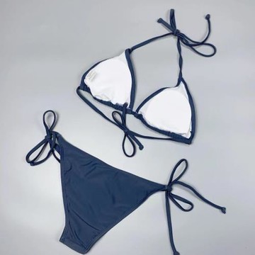 Amber外單純色掛脖系帶比基尼性感分體泳衣女士綁帶三點式帶胸墊