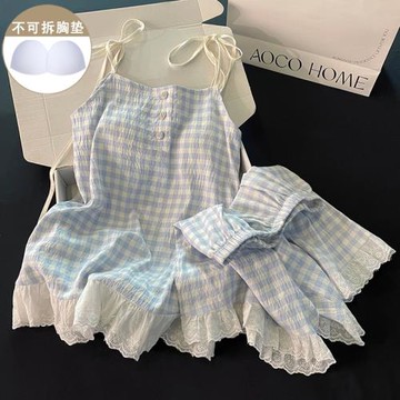 網紅ins睡衣女款夏季帶胸墊純棉吊帶短褲藍色格子學生家居服套裝