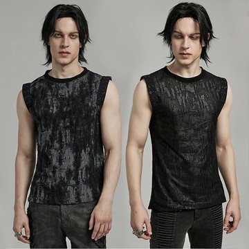 哥德人戰士做舊肌理拼接背心 - 黑 / 灰