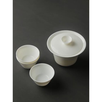 穗千堂景德鎮白胎瓷蓋碗 脂白茶碗旅行套裝 泡茶蓋碗三杯 品茶湯
