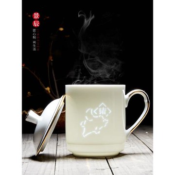 景德鎮茶杯陶瓷馬克杯家用帶蓋水杯十二生肖描金玲瓏瓷杯子大容量