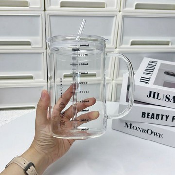 耐熱玻璃杯 大容量馬克杯 高硼矽玻璃杯 1000ml刻度杯 牛奶杯 辦公室帶蓋吸管杯