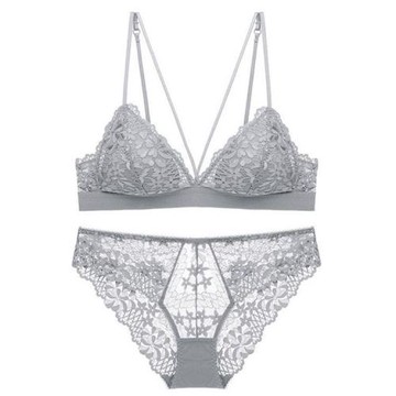PinLe 法式性感無鋼圈三角杯細肩帶薄款兩穿蕾絲花邊內衣套組 -B007灰色
