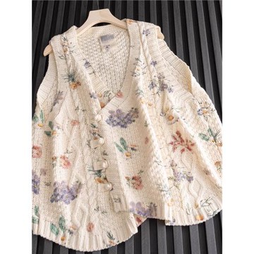 中式盤扣上衣女士馬甲背心2025秋季新款文藝復古V領棉線毛針織衫