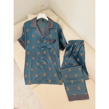 睡衣男2022年新款冰絲純色字母印花長袖套裝高級感簡約外穿家居服