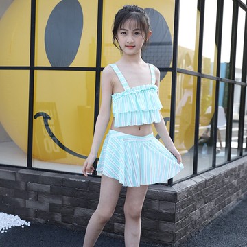女童分體泳衣保守平角女童泳衣夏日新泳裝中大童學生爆款吊帶泳裝