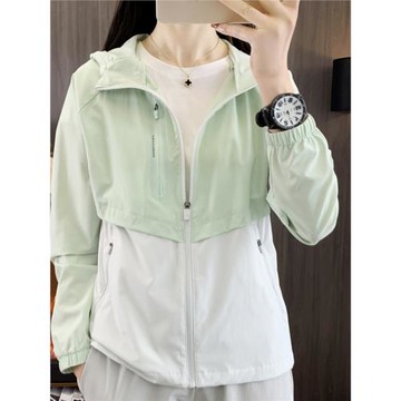 2024春夏拼色運動風衣女戶外跑步健身彈力透氣輕薄防曬衣休閑外套