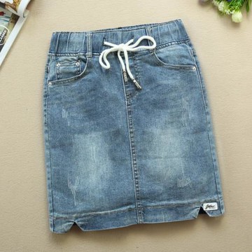 2022新款牛仔短裙女春秋中腰松緊系帶復古百搭彈力修身顯瘦半身裙