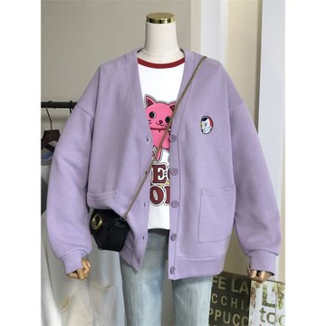 韓國東大門可愛刺繡卡通寬松大碼V領衛衣春秋新款女外套系扣開衫