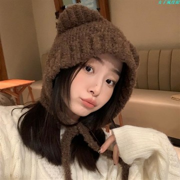 【女子風度館】 台灣發貨-帽子冬季繫繩可愛小熊帽子耳朵毛絨帽子女冬季保暖護耳帽針織毛線