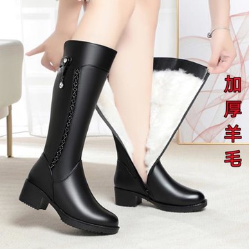 2025年冬真皮女靴防滑粗跟加絨羊毛高筒皮靴馬靴女棉鞋中筒長靴子