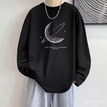 【M-8XL】長袖T恤 複古印花圓領衛衣 男女可穿 ins寬鬆無帽套頭潮牌休閒打底衫 長袖上衣 薄款上衣 長袖衣服
