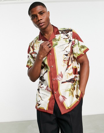 ASOS DESIGN relaxed revere satin shirt with border print-Brown