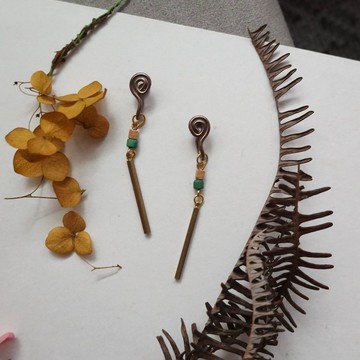 銅本色 無痛耳夾 / 木疊長墜