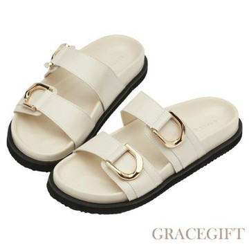 【Grace Gift】日光奶茶復古金屬扣雙帶拖鞋 米白