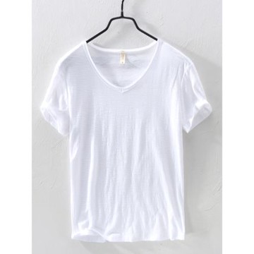 竹節棉短袖T恤男V領超薄款涼感透氣夏季純色低寬大領口純棉打底衫