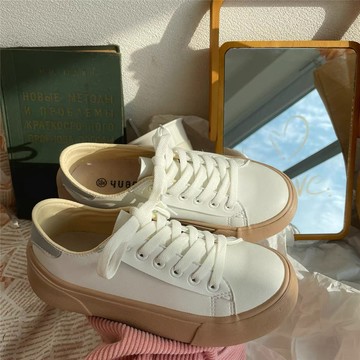 帆布鞋厚底鞋皮面小白鞋女潮百搭小眾板鞋復古春季新款