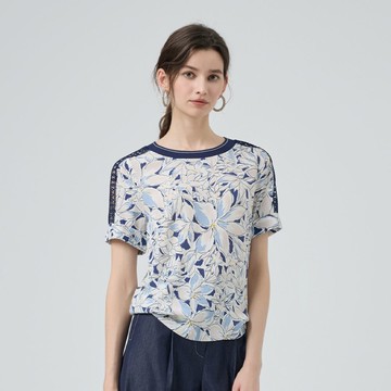 ILEY伊蕾 縷空蕾絲清新印花上衣(白；M-2L)