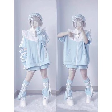 亞文化y2k日系二次元輕亞量產型水色可拆袖衛衣女亞比文化外套潮