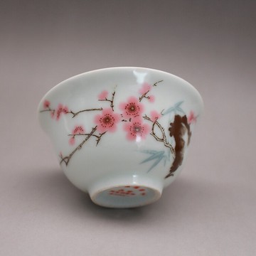 古玩陶瓷器廠貨瓷器梅花小茶杯中南海懷仁堂水點桃花茶杯紅色收藏