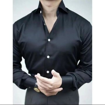 美式健身襯衫黑色藏青色免燙抗皺溫莎一字領黑色藏藍男士修身長袖