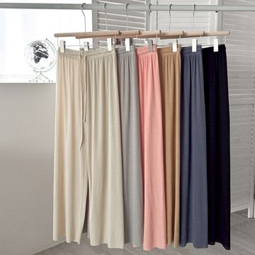 【Fee隔日到貨6色】冰絲涼感鬆緊抽繩闊腿長褲🔥直坑紋寬鬆闊腿褲 垂墜感冰絲長褲 高腰闊腿細直紋寬褲 輕薄闊腿寬褲