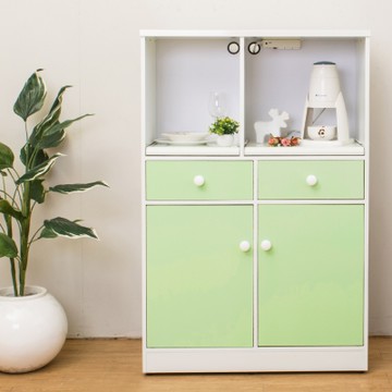 Birdie南亞塑鋼-2.9尺二開二抽塑鋼電器櫃/收納餐櫃(白色+粉綠色)-86x41x131cm