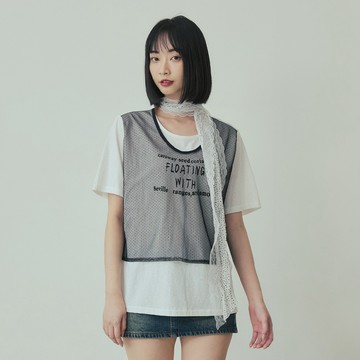 LALLO-假兩件網紗拼接字母寬鬆短袖上衣