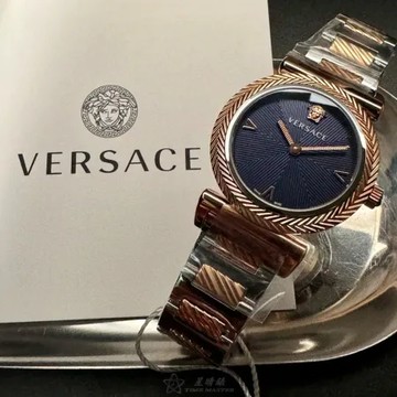 VERSACE36mm圓形玫瑰金精鋼錶殼寶藍色錶盤精鋼金銀相間錶帶款VS13131