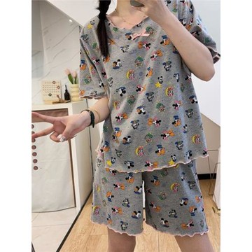 韓系花邊可愛睡衣女夏季卡通米奇短袖短褲家居服慵懶可外穿兩件套