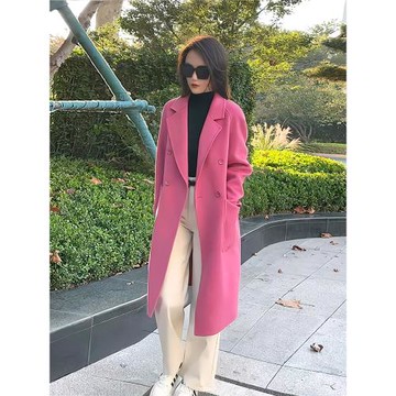 (免運)2025冬季新款韓系超好看赫本風玫紅色長款毛呢大衣外套女小個子潮