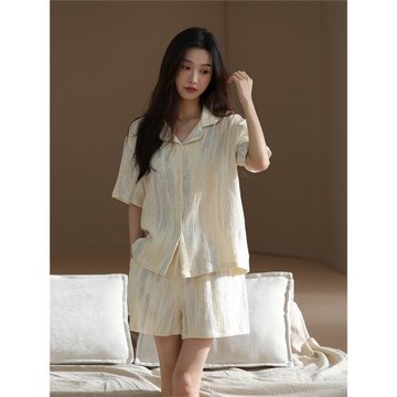 【嬰兒棉】2025新款雙層紗布睡衣女夏短袖梭織純棉全棉家居服套裝