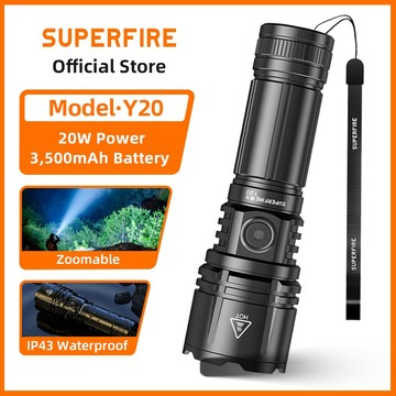 SUPERFIRE Y20 20W 超亮 LED 變焦遠射手電筒 760M USB 可充電防水便攜式手電筒,適用於戶外露