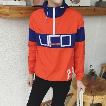 FINDSENSE MD 日系 男 時尚潮流 拼色 連帽 UFO字母印花 薄款風衣外套 防曬外套