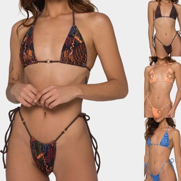 歐美新款泳衣比基尼女士分體泳衣數碼印花綁帶泳衣