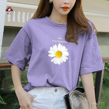 棉質上衣  小雛菊 短袖上衣 女t恤 夏季上衣 圓領上衣  韓版上衣 寬鬆上衣 顯瘦上衣 大尺碼短袖 女生短袖//薇衣