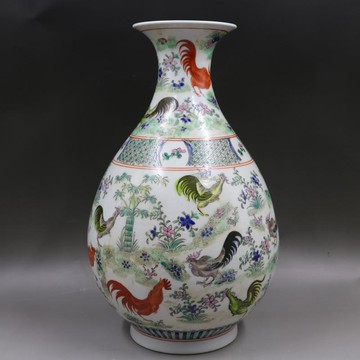 大清康熙年制粉彩公雞玉壺春瓶仿古瓷器家居擺件收藏手繪古董古玩1入