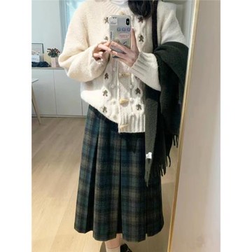 學院風毛呢大碼胖mm秋冬高腰遮胯顯瘦中長款格紋百褶a字半身裙女