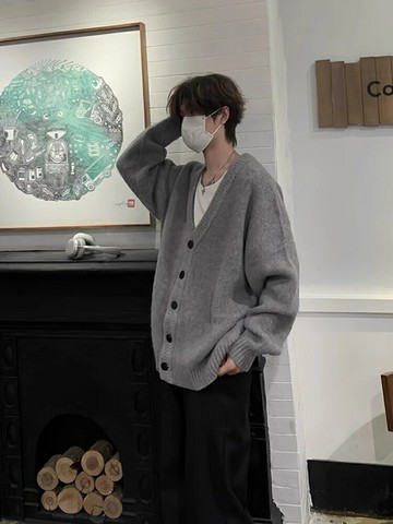 針織開衫外套男秋冬美式男裝v領毛衣灰色慵懶風男生上衣韓系風格【步行者戶外生活館】