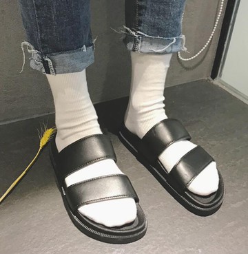 FINDSENSE品牌 男女情侶款 時尚 潮 休閒 黑色PU 拖鞋 一字拖 沙滩拖鞋