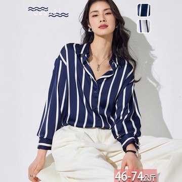 翻領豎條紋拚色落肩袖襯衫(2色) M-2XL【374930X】【現+預】☆流行前線☆