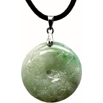 白底飄綠花雕花平安扣 天然A貨翡翠玉石吊墜子項鍊H47