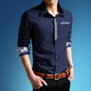 春秋季男士長袖襯衫韓版修身商務休閑仿牛仔薄款免燙襯衣男裝潮