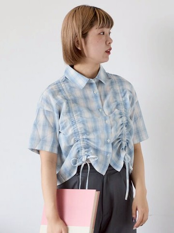 經典格紋雙線抽繩綁帶設計短袖翻領襯衫(0F001034010) - ehka sopo