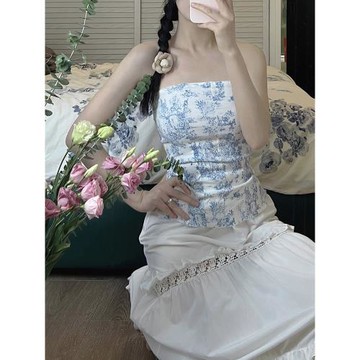 sorozien芍子原創設計復古印花彈力抹胸上衣女百搭打底小背心裹胸