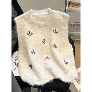 自留款推薦~2025春新款疊穿刺繡針織馬甲女圓領背心無袖坎肩毛衣