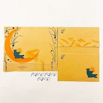 夜間讀書會 糖花星 信紙組 熊 書 繪本 月亮 彎月 星星 閱讀 信紙 信封 貼紙 手寫 動物 流星