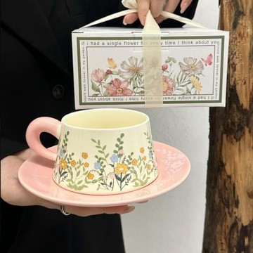 田園風清新小花陶瓷咖啡杯碟套裝復古油畫般馬克杯高檔精致伴手禮