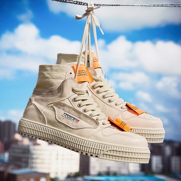 新款秋季男鞋透氣高幫帆布厚底板鞋潮流百搭駕車冰絲休閑潮鞋