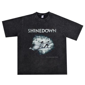 直噴硬搖滾shinedown隕落樂隊印花T恤水洗做舊短袖寬松純棉男女